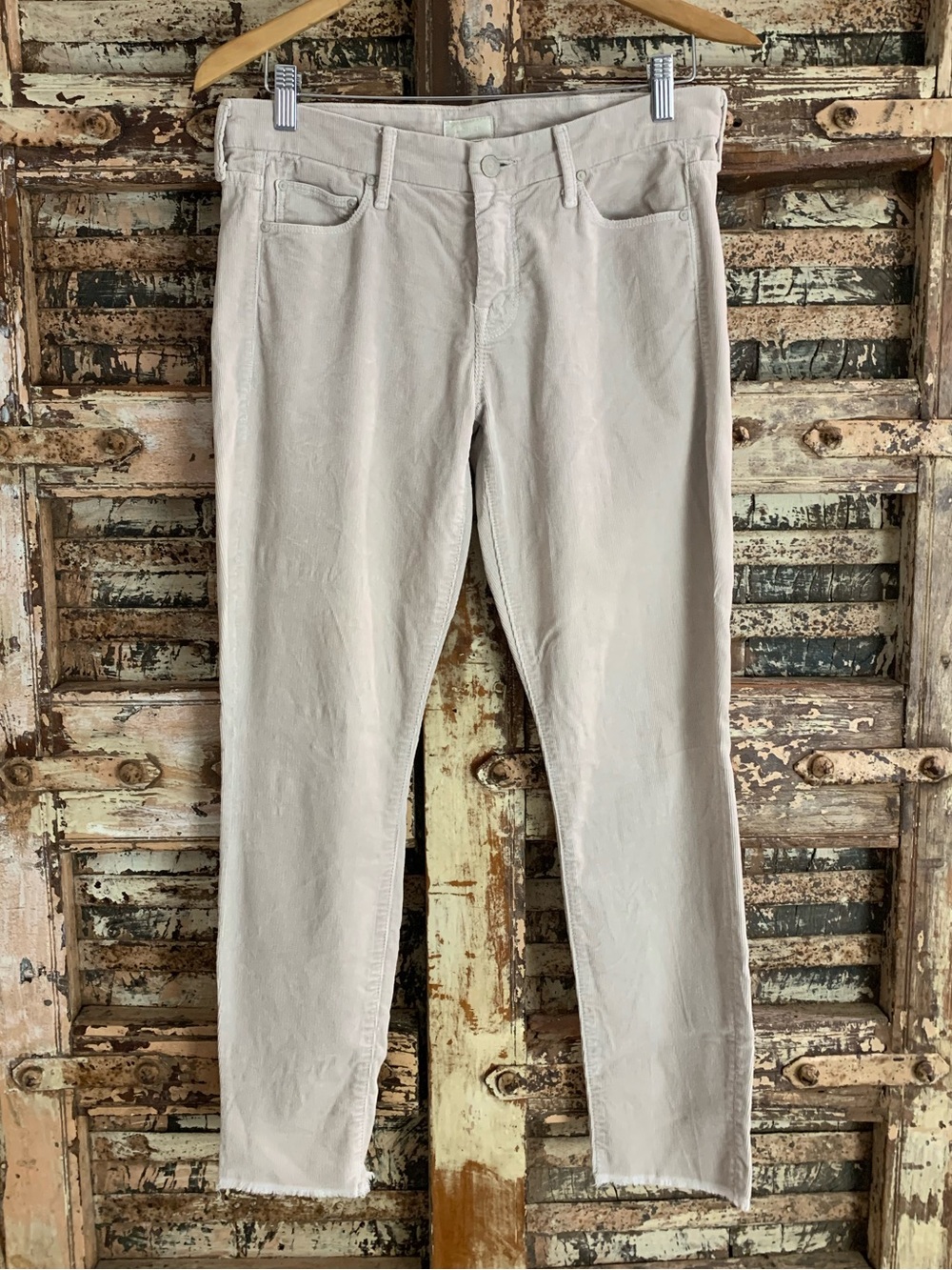 MOTHER The Looker Ankle Fray Hopscotch Corduroy Pants, Khaki Stretch Skinny, 28
